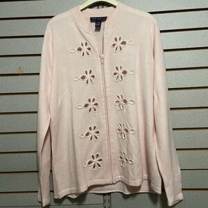 Susan Graver  Full Zip Cardigan Long Sleeves Flower Cut Outs  Light Pink Large L